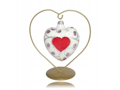 Zlatý kovový stojan v tvare srdca s vianočnou ozdobou v tvare srdiečka – elegantný doplnok na vystavenie ozdôb