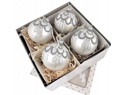 Ručne zdobené sklenené vianočné gule – biely matný set so striebornou čipkou a kryštálmi (4 ks, Ø 10 cm)