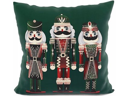 Dekoračný vankúš s vianočným motívom luskáčikov na smaragdovo zelenom podklade, elegantný zimný doplnok – 40x40 cm