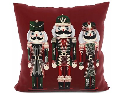 Dekoračný vankúš s vianočným motívom luskáčikov na tmavobordovom podklade, elegantný zimný doplnok – 40x40 cm