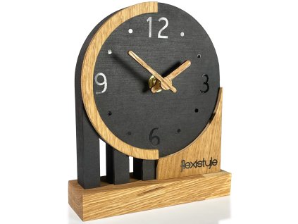 Stolové hodiny z čiernej MDF a dubového dreva – minimalistický dizajn 16 × 13 cm