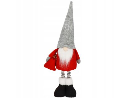 Dekoračný vianočný škriatok so sivou čiapkou, červeným kabátom a bielou bradou, stojaca zimná figúrka 40 cm