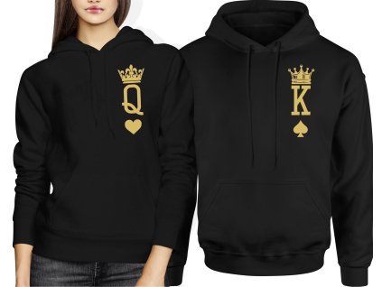 Párové mikiny King a Queen – čierne s kráľovským motívom v zlatej farbe