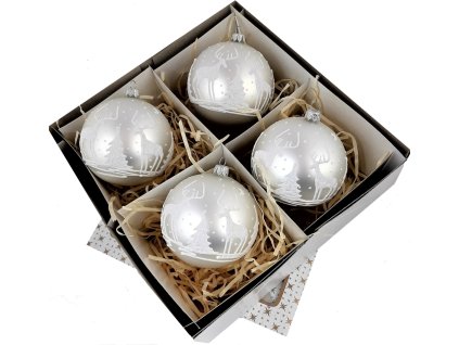 Ručne zdobené sklenené vianočné gule – biely set s čipkovaným vzorom a kryštálikom (4 ks, Ø 10 cm)