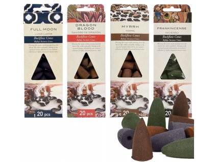 Vonné kužele so spätným tokom – sada 80 kusov s vôňami spln, dračia krv, kadidlo a myrha