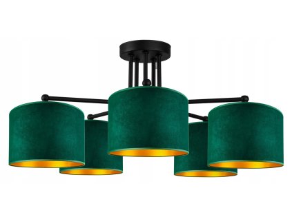 Luxusný stropný luster Emerald Glow – päťramenný dizajn so smaragdovými tienidlami a zlatým vnútrom