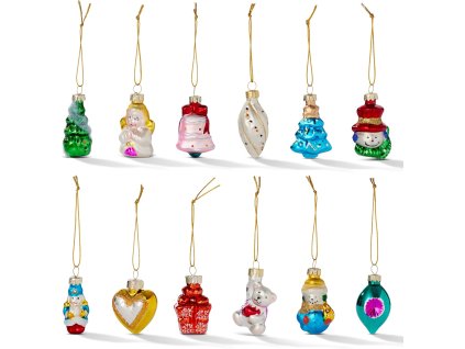 Ručne zdobené sklenené mini ozdoby – vianočné motívy medvedíkov, anjelov a stromčekov (12 ks, viacfarebné)