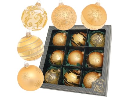 Ručne zdobené sklenené vianočné gule – zlaté s glitrovými vzormi (9 ks, Ø 10 cm)