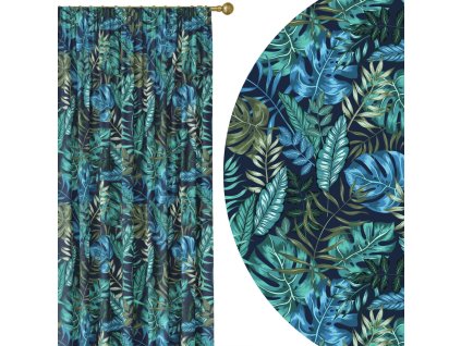 zatemnovaci-zaves-jungle-breeze-intenzivne-modre-a-zelene-tropicke-listy-na-tmavomodrom-podklade-cooldesign