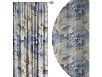Zatemňovací záves Blue Grace – elegantný kvetinový vzor v bledomodrej a krémovej s jemným zlatým detailom
