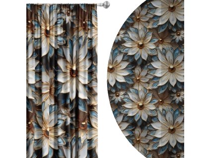 zatemnovaci-zaves-gold-bloom-3d-kvetinovy-vzor-s-modrobielymi-lupienkami-a-zlatym-stredom-cooldesign