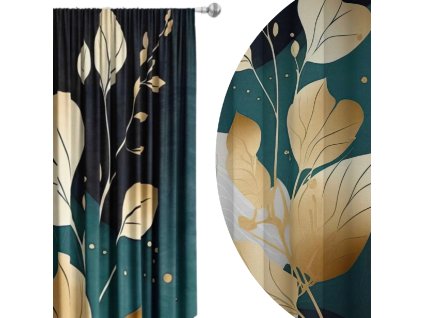 zatemnovaci-zaves-nordic-leaves-moderny-listovy-vzor-v-zlatej-a-zelenomodrej-palete-cooldesign