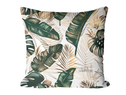 Obliečka na vankúš Jungle Tropic White – monstera, palmové listy a zlaté akcenty