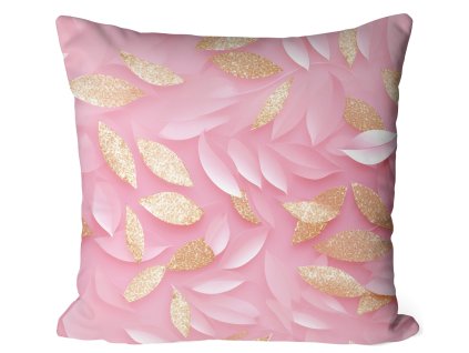 Obliečka na vankúš Pink Blush – jemný listový vzor v ružovej a zlatej s 3D efektom
