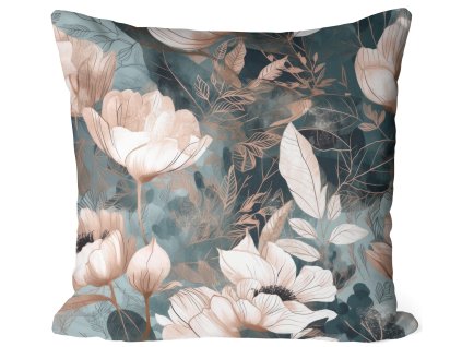 Obliečka na vankúš Magnolia Blue – jemné magnólie v púdrovej a bielej na modrosivom podklade