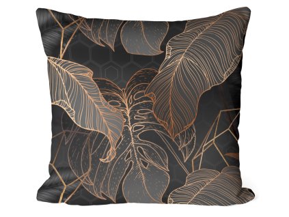Obliečka na vankúš Copper Luxe – čierno-medený listový vzor s geometrickým efektom
