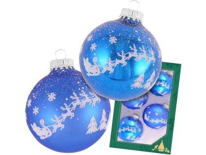 Ručne maľované sklenené vianočné gule – modré so strieborným motívom Santa Clausa a sobov (4 ks, Ø 7 cm)