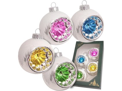 Ručne vyfukované sklenené vianočné gule – retro strieborné s farebným odleskom (4 ks, Ø 7 cm)