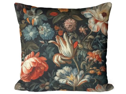 Obliečka na vankúš Baroque Bloom – bohatý kvetinový vzor v teplých farbách na tmavom podklade