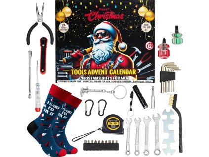 Kompletný obsah adventného kalendára s náradím – 24 kusov vrátane klieští, kľúčov, metra, baterky a imbusov