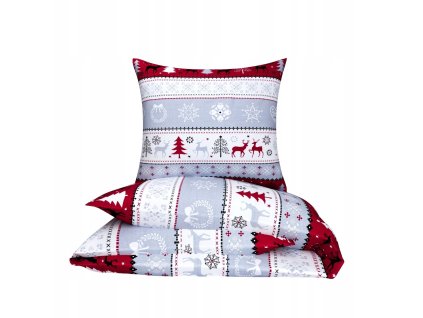 Vianočné bavlnené obliečky v sivobielej farbe s červeným nórskym vzorom – soby, stromčeky a vločky na mäkkej posteľnej bielizni.