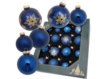 Ručne zdobené sklenené vianočné gule – modré so zlatými vločkami (16 ks, rôzne veľkosti)