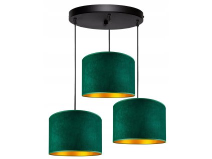 Závesné svietidlo Emerald Glow – trojité prevedenie so smaragdovým velúrom a zlatým vnútrom, 2 varianty