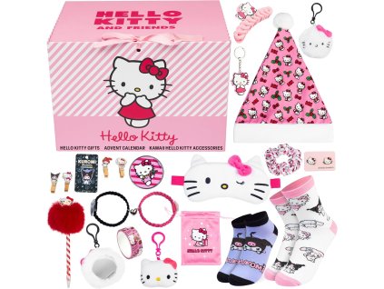 Kompletný obsah adventného kalendára Hello Kitty – ponožky, čiapka, kľúčenky, náramky, zápisníky a iné kawaii doplnky