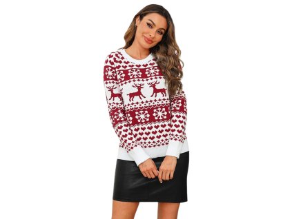 Mäkký dámsky vianočný sveter s červenými sobmi a vločkami – pohodlný zimný štýl na sviatky