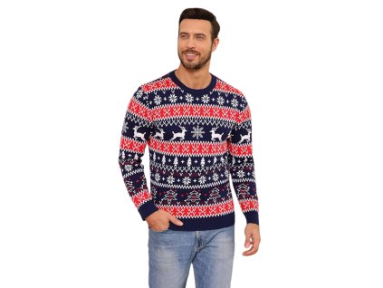 Pánsky vianočný sveter so sobím a stromčekovým motívom – červeno-modrý sveter s bielymi vločkami v severskom štýle.