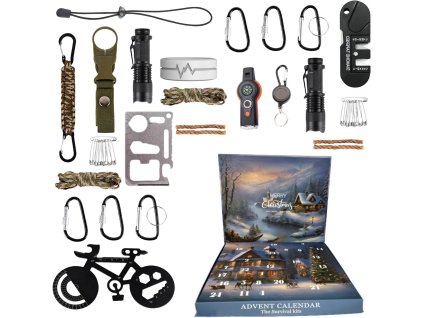 Adventný kalendár Survival Kits – otvorená krabica s prekvapeniami a survival doplnkami