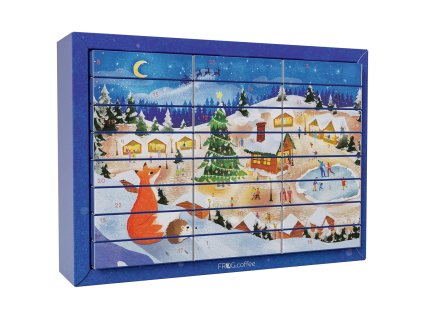 Adventný kalendár s čajom – 48 sáčkov v 24 príchutiach, vianočná dedina s líškou a ježkom