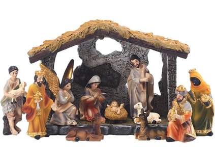 Detail betlehema s maštaľkou – ručne maľované figúrky svätej rodiny, anjelov a troch kráľov