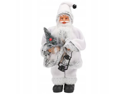 Detail vianočnej dekorácie – Mikuláš v bielom kabáte so stromčekom a lampášom, 30 cm