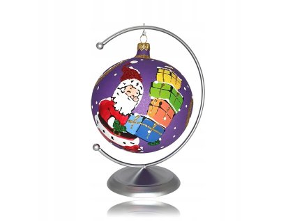 Kovový stojan so strieborným povrchom s vianočnou guľou – Santa Claus s darčekmi, výška 12 cm