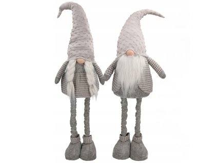 Vianočný pár škriatkov v sivej farbe – dekorácia s dlhými teleskopickými nohami, zapletenými vrkôčikmi a bradou, výška 90 cm