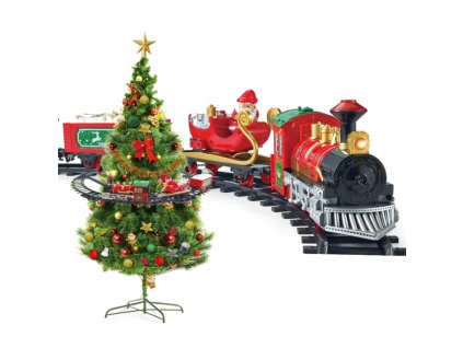 Vianočný vláčik so svetlom a zvukom okolo vianočného stromčeka – dekorácia s červenou lokomotívou a sanami so Santom, dĺžka trate 280 cm