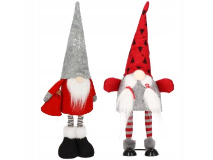 Vianoční škriatkovia v červeno-sivých farbách – stojace figúrky s dlhými nohami, bradami a čiapkami s motívmi stromčekov a vločiek, výška 40 cm