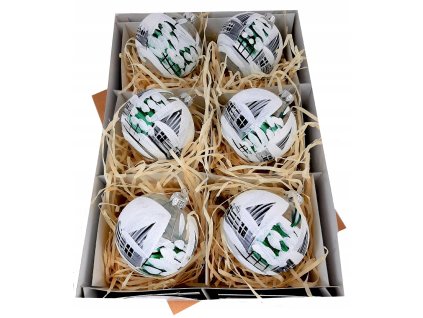 Ručne maľované sklenené vianočné gule – zimná chalúpka v snehovej krajine (6 ks, Ø 8 cm)