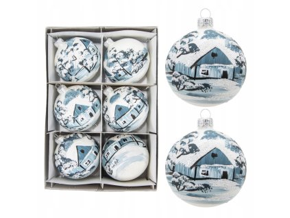 Ručne maľované sklenené vianočné gule – zimné domčeky v bielomodrom prevedení (6 ks, Ø 8 cm)