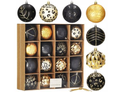 Sada nerozbitných vianočných gulí v čierno-zlatej farbe – 16-dielny set luxusných ozdôb na stromček (Ø 8 cm)