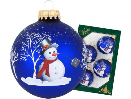 Ručne maľované sklenené vianočné gule – modré s veselým snehuliakom (4 ks, Ø 7 cm)