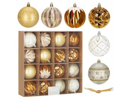 Sada nerozbitných vianočných ozdôb v bielo-zlatej farbe – 16-dielny set ozdobných gulí s glitrovým zdobením (Ø 8 cm)