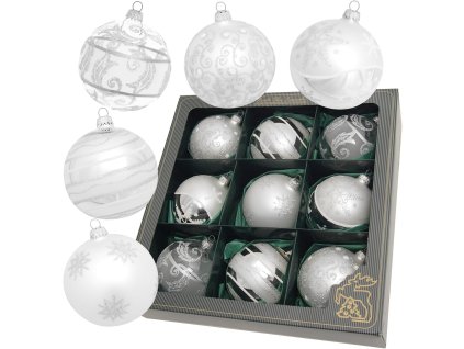 Ručne zdobené sklenené vianočné gule – biele so striebornými vzormi hviezd a ornamentov (9 ks, Ø 8 cm)