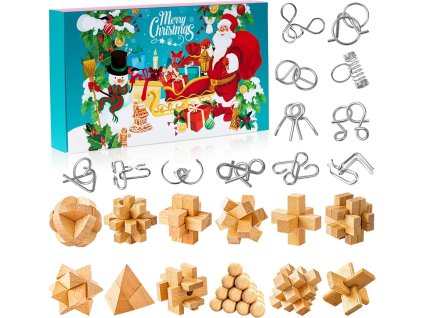 Farebný adventný kalendár s motívom Santa Clausa – sada 24 drevených a kovových hlavolamov na každý decembrový deň