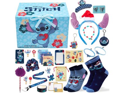 Kompletný obsah adventného kalendára Stitch – 24 originálnych doplnkov a prekvapení v darčekovej krabici