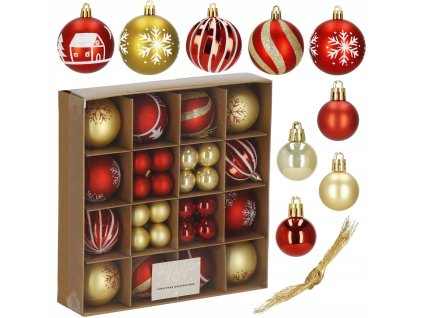 Sada nerozbitných červeno-zlatých vianočných gulí – 42-dielny set ozdôb na stromček (Ø 3–6 cm)