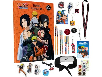 Naruto Shippuden adventný kalendár s písacími potrebami, príveskami, ceruzkami a čelenkou ninju.