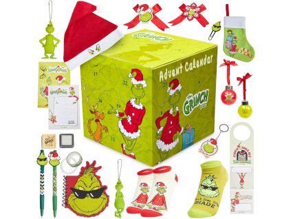 The Grinch adventný kalendár s 24 darčekmi – ponožky, zápisník, čiapka, ozdoby a doplnky pre deti