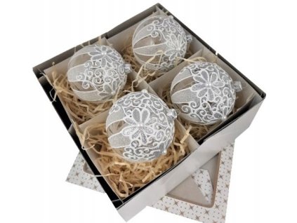 Ručne zdobené sklenené vianočné gule – strieborný set s čipkovaným kvetinovým motívom (4 ks, Ø 10 cm)